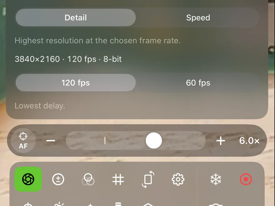 The lens panel, showing 3840×2160 at 120 fps in 8-bit, with 120 fps selected and the note “Lowest delay.”
